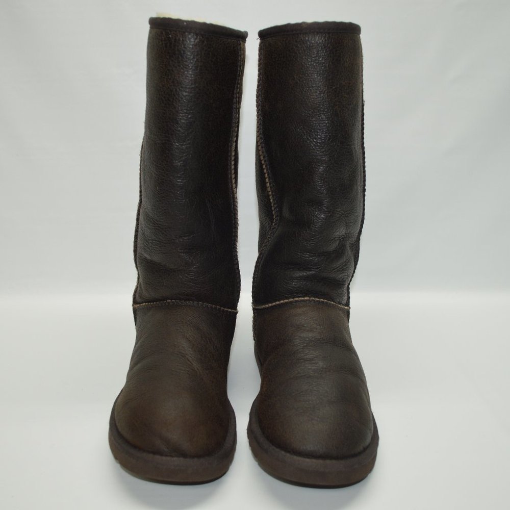 UGG Classic Tall Bomber Brown Leather Fur Lined - Picture 2 of 13